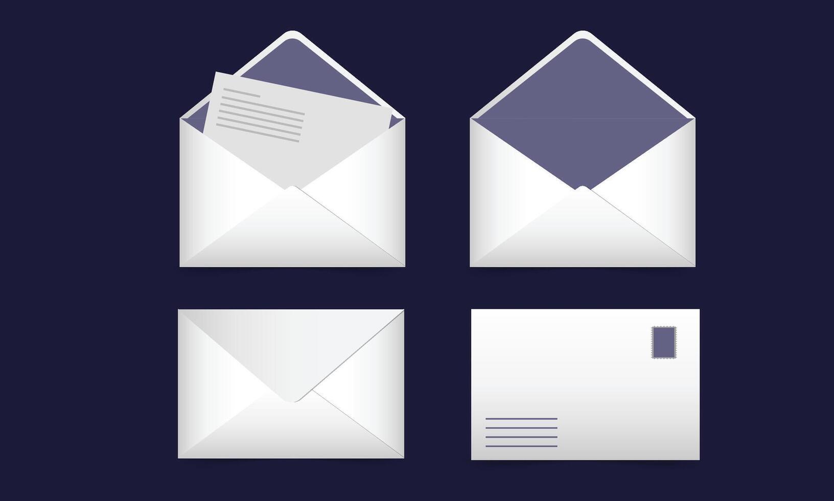 Set of realistic White envelopes in different positions. Folded and unfolded envelope backpack isolated vector