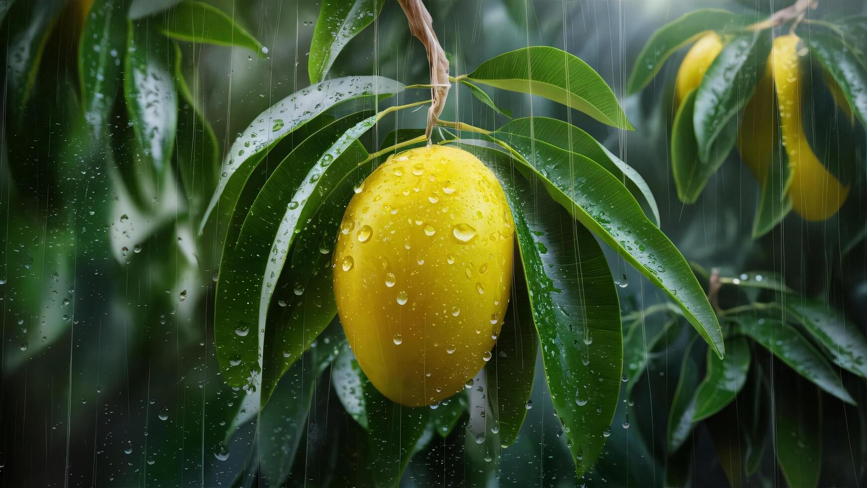Yellow mango dripped wet on tree branch over water drenched leaf Juicy fruit in summer vacation photo