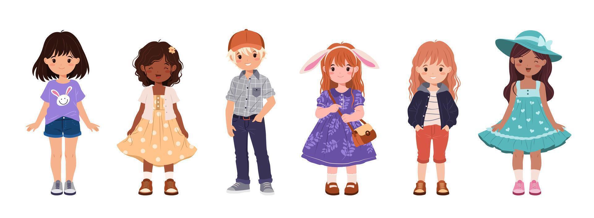 Collection of multiracial kids in various casual clothes. Cute children, funny boys and girls. Isolated illustrations on a white background for Back to School and educational designs. vector