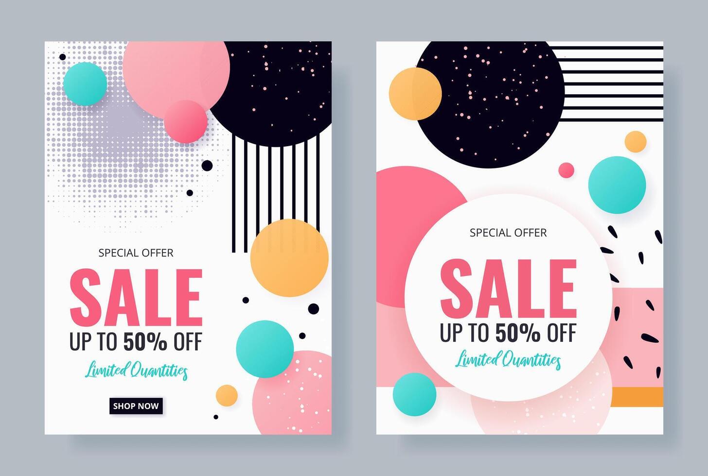 Set of Vertical Sale banners with geometric shapes, lines, dots. Background in Memphis style for promotion, social media post, advertising, Summer Sale, Black Friday. vector
