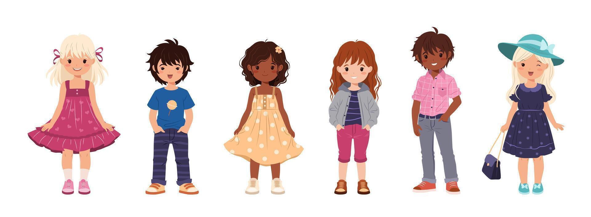 Collection of multiracial kids in various casual clothes. Cute children, funny boys and girls. Isolated illustrations on a white background for Back to School and educational designs. vector