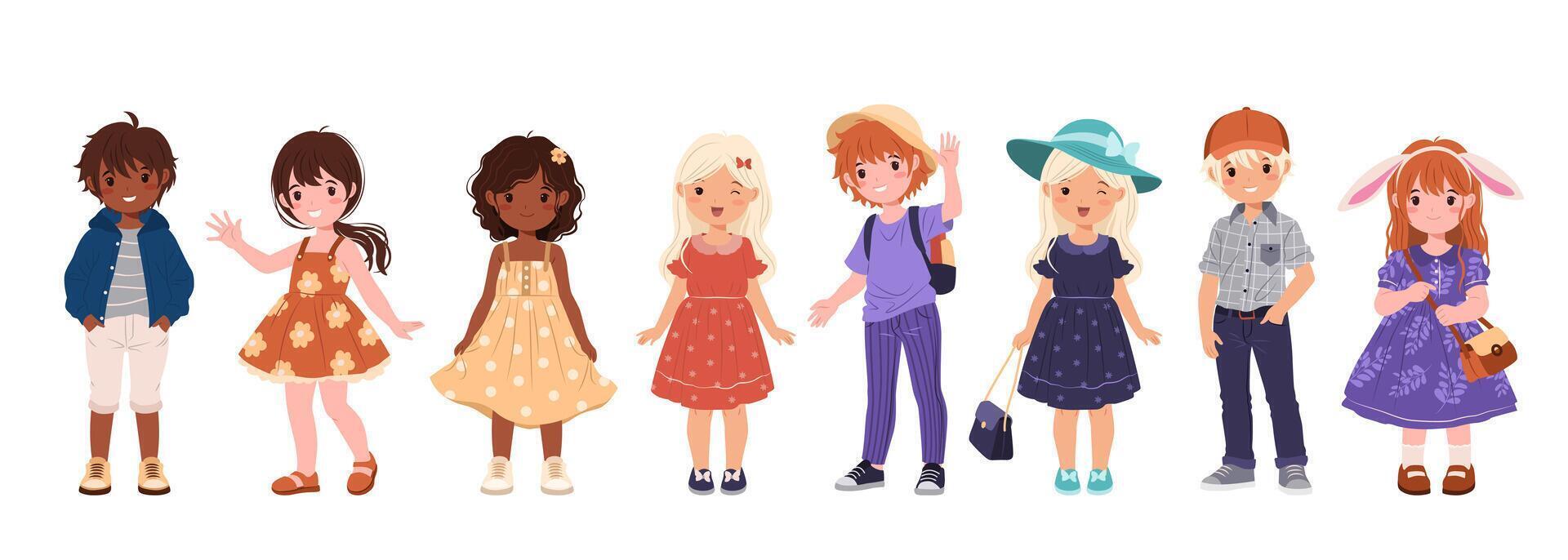 Collection of Multiracial Kids in Various Casual Clothes. Cute Children, Funny Boys and Girls. Isolated Illustrations on a White Background for Back to School and Educational Designs. vector