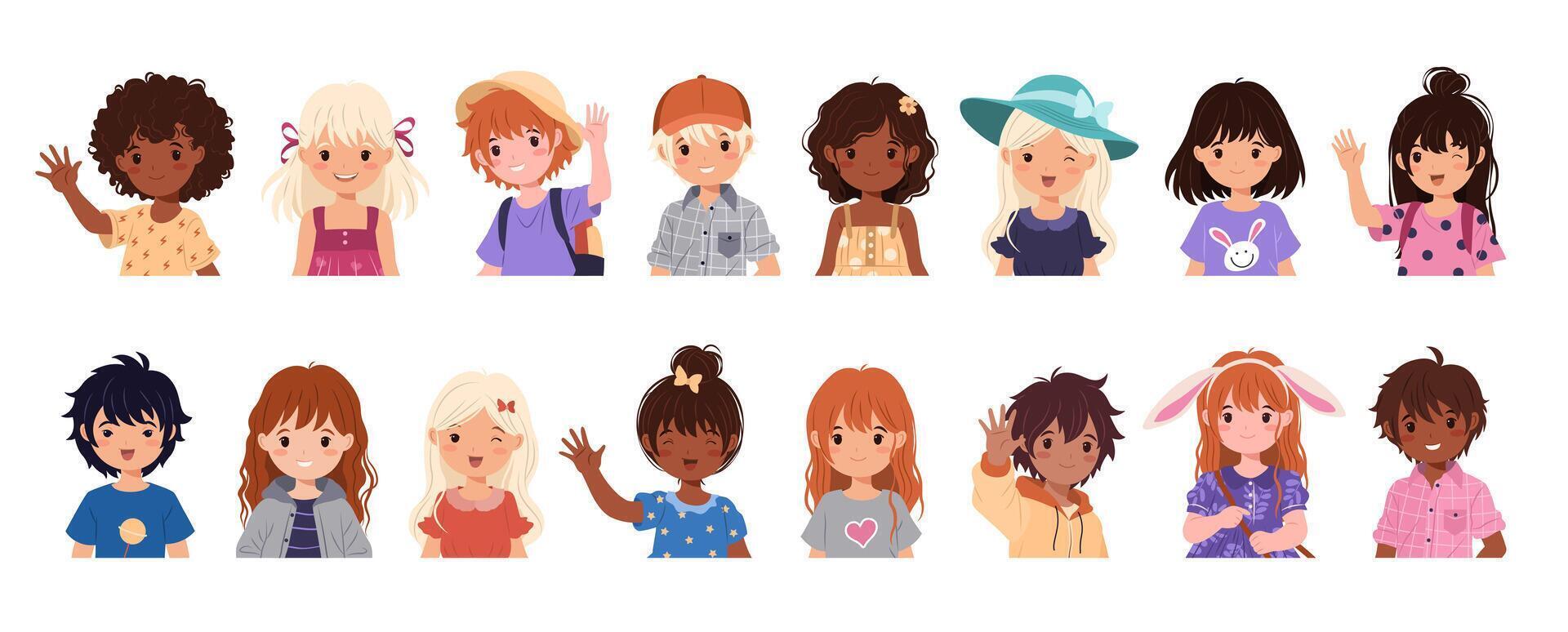 Cute Children Head Portrait Set. Funny boys and girls avatars in casual clothes. Preschool and school child characters of different nationalities. Isolated flat illustrations on white. vector