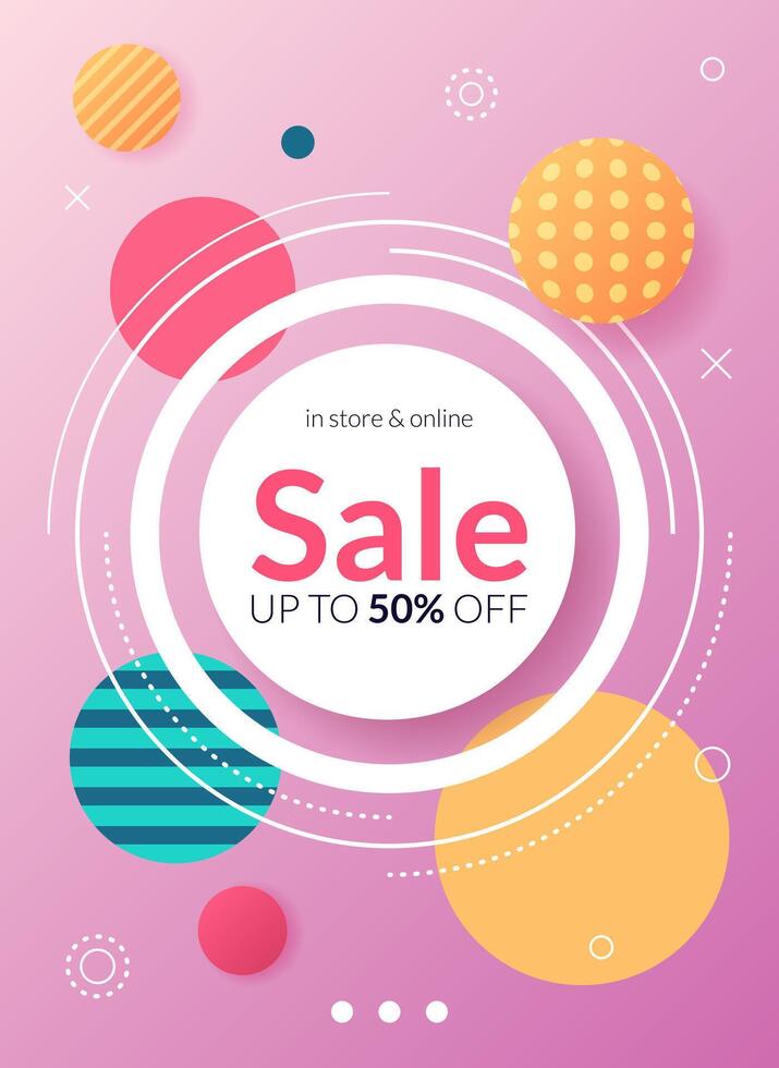 Vertical Sale banner with geometric shapes, lines, dots. Background in Memphis style for promotion, social media post, advertising, Summer Sale, Black Friday. vector