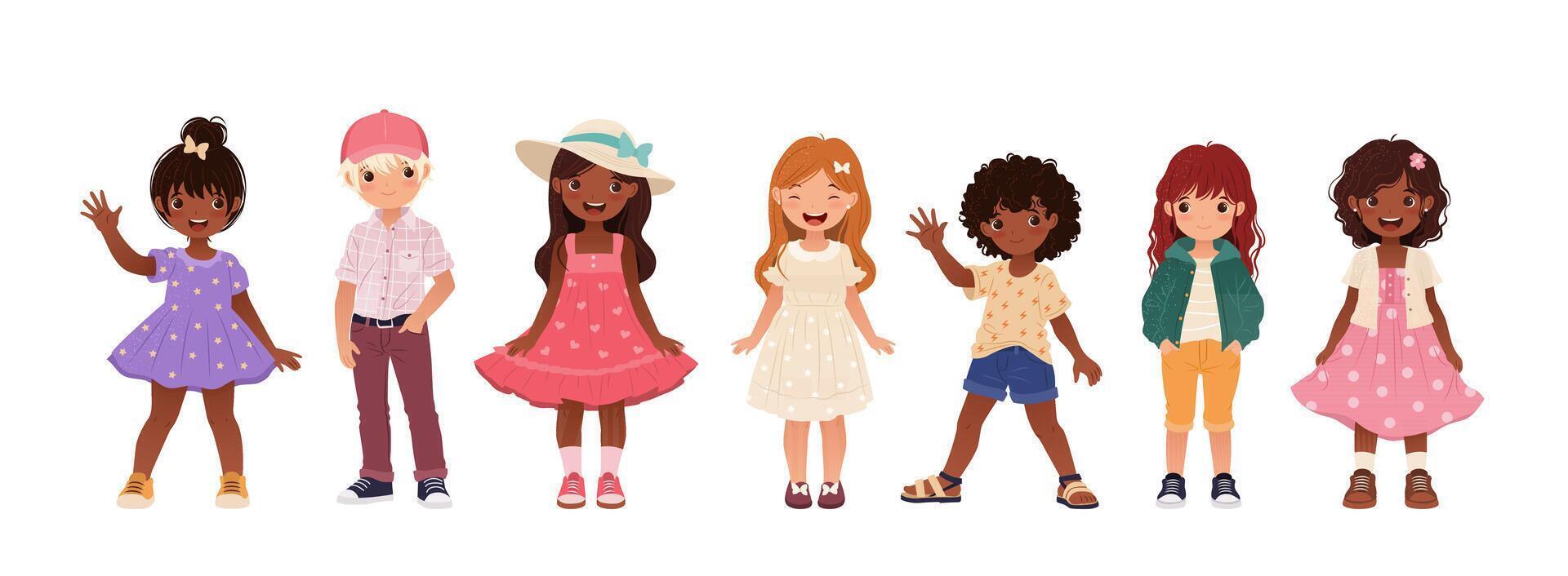 Collection of Multiracial Kids in Various Casual Clothes. Cute Cartoon Children, Funny Boys and Girls. Isolated Illustrations on a White Background for Back to School and Educational Designs. vector