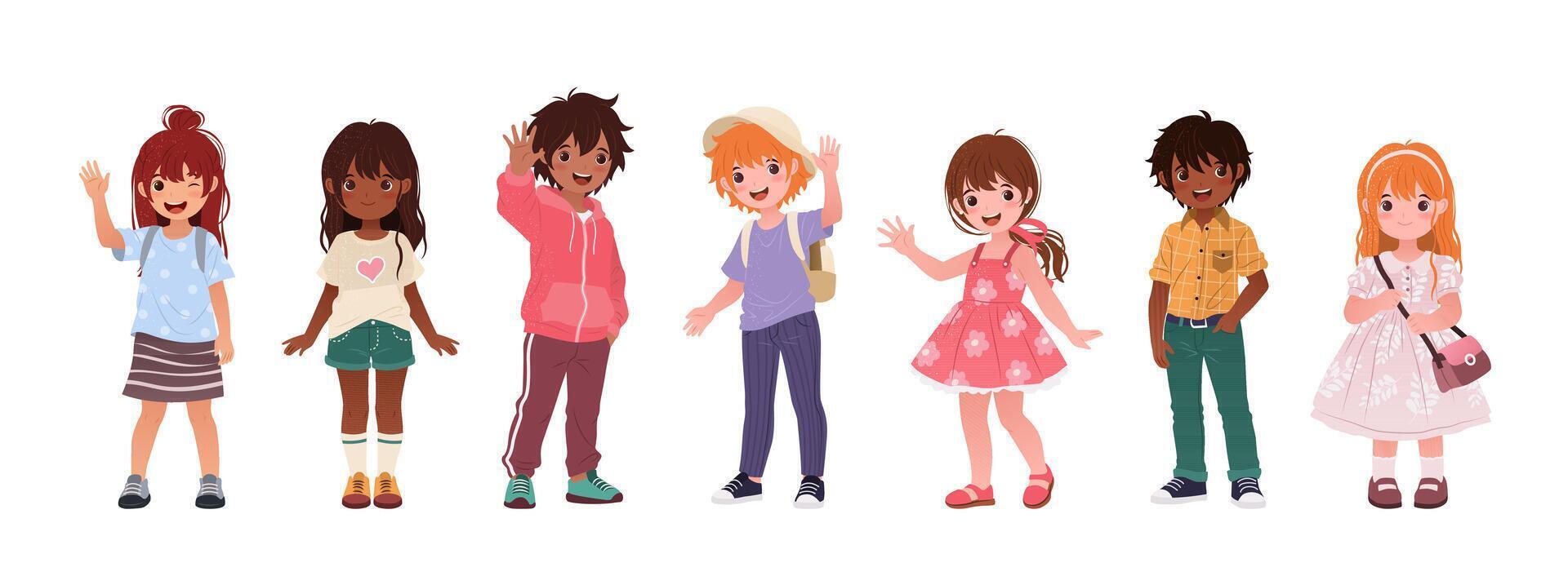 Collection of Multiracial Kids in Various Casual Clothes. Cute Cartoon Children, Funny Boys and Girls. Isolated Illustrations on a White Background for Back to School and Educational Designs. vector