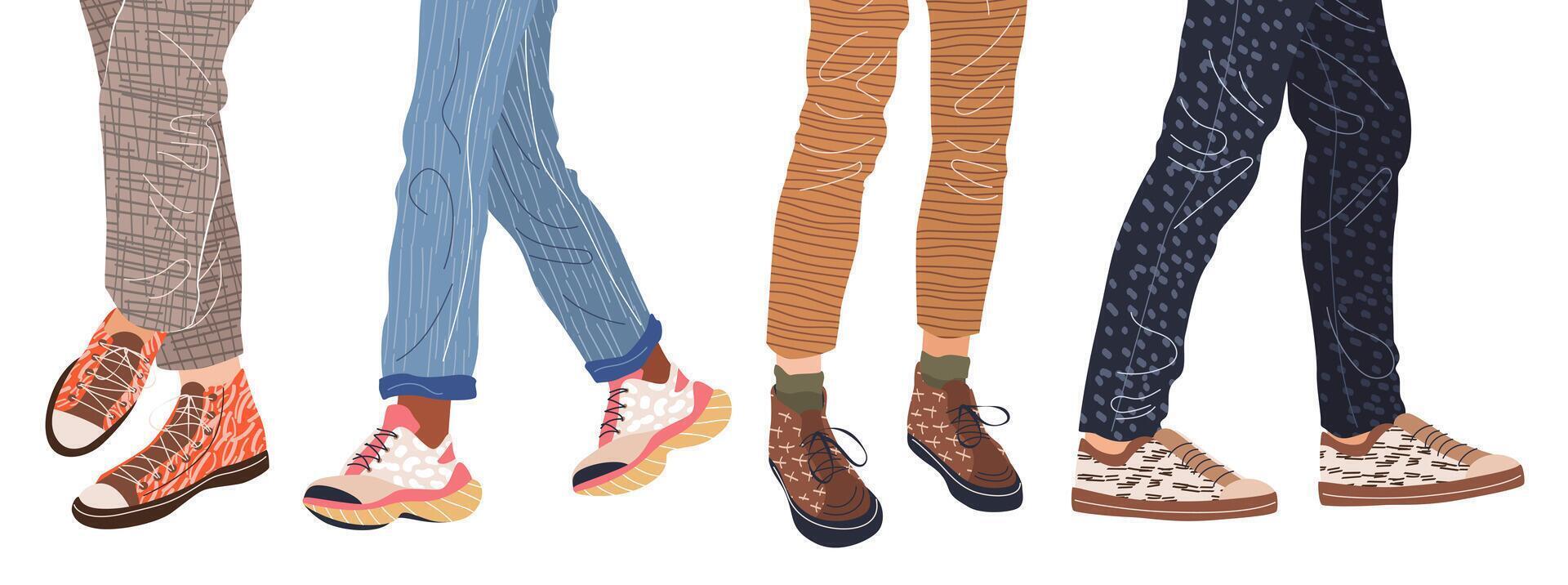 Female and male legs wearing fashion sneakers. Feet in modern different sports footwear. Casual sportswear for active lifestyle. Stylish models of patterned athletic shoes. Flat illustration. vector