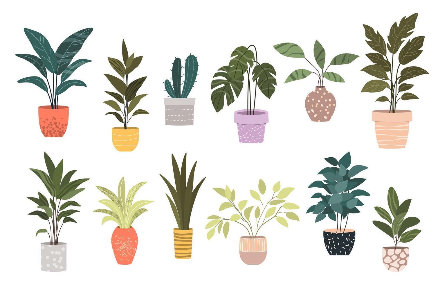 Plants in Flowerpots. Home Decor. A Collection of Various Houseplants. Hand-Drawn Illustrations on White Background. Isolated and Ready for Use. vector