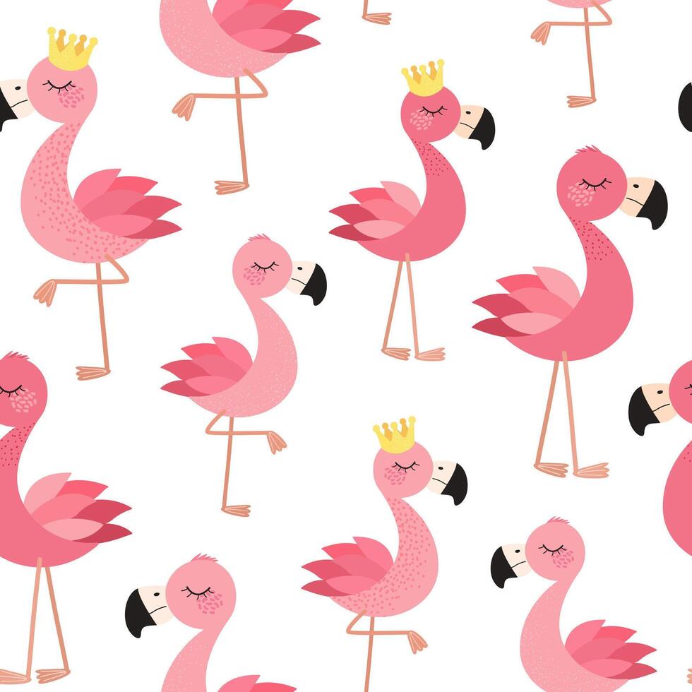 Seamless trendy pattern with flamingo in crown. Childish pattern for childish prints, clothing, packaging, wrapping paper and postcards. Cute birds in flat style for kids. vector