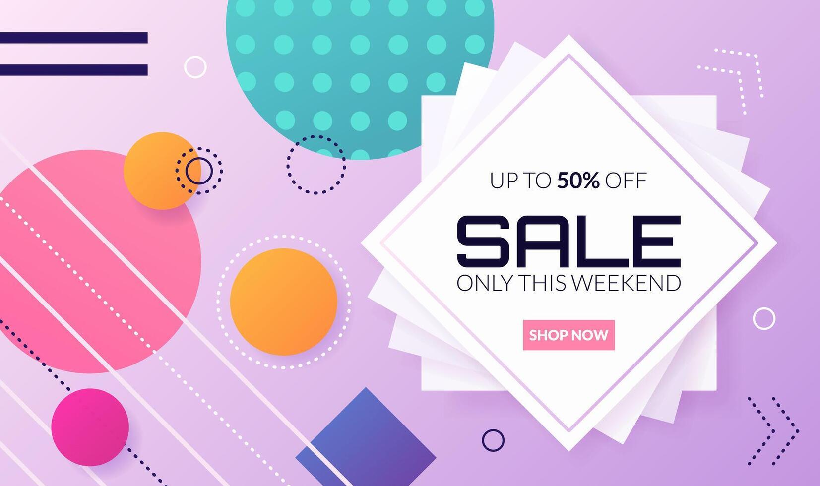 Horizontal Sale banner with geometric shapes, lines, dots. Background in Memphis style for promotion, social media post, advertising, Summer Sale, Black Friday. vector