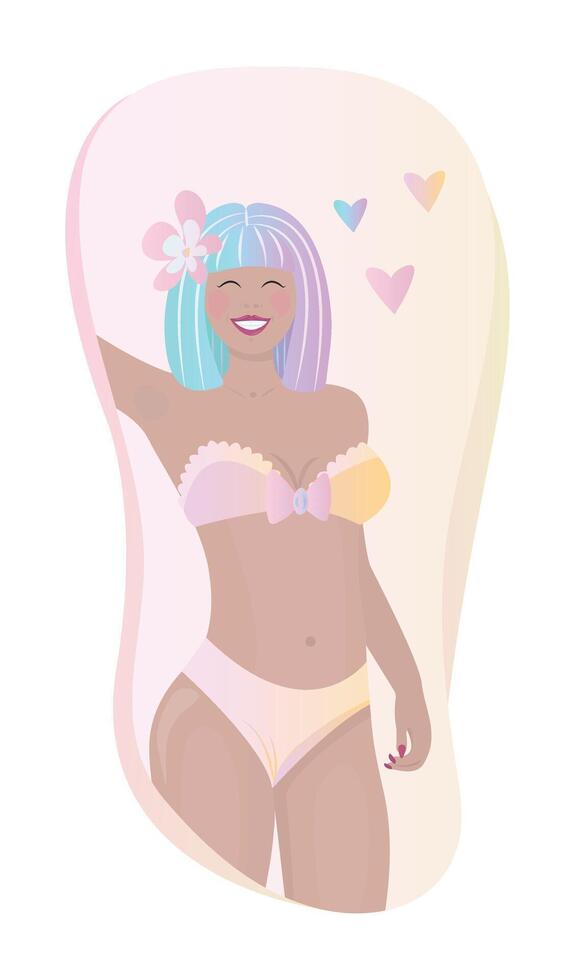 Happy woman in swimsuit, lady with bob haircut and flower in hair, gradient colorful illustration vector