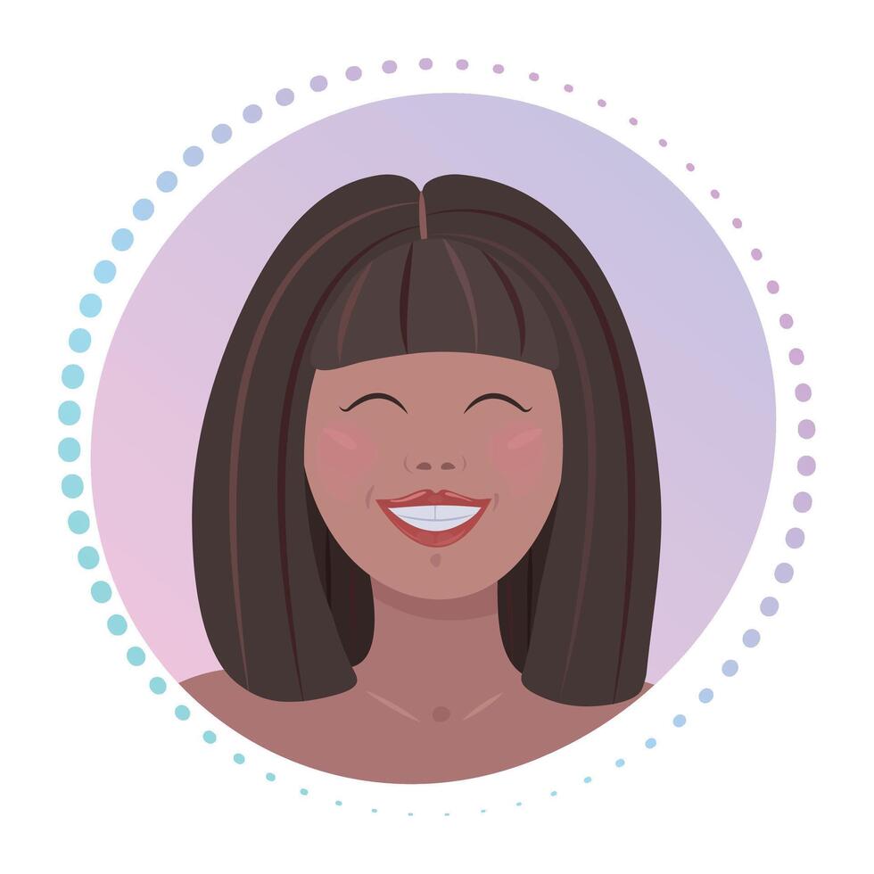 Happy woman face, smiling brunette with closed eyes, gradient sign, round colorful illustration vector