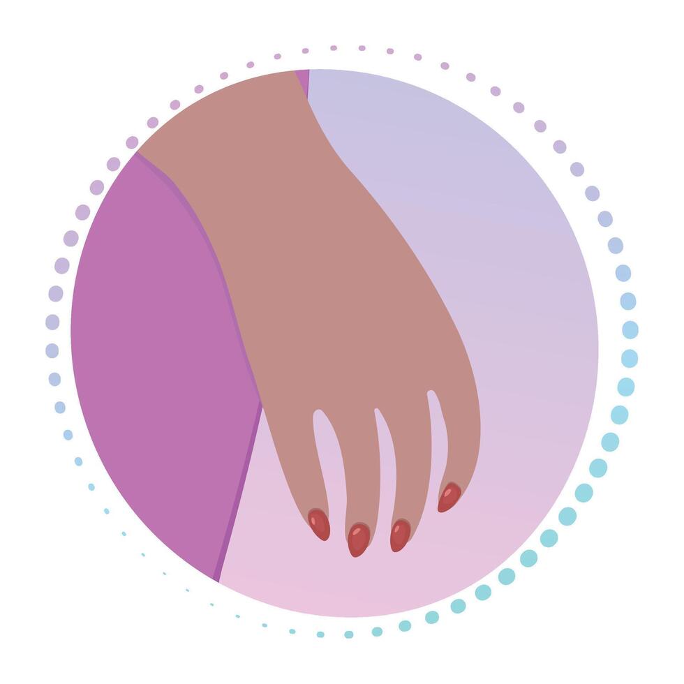 Woman hand with manicure, red nail polish on female fingers, gradient sign, round colorful illustration vector