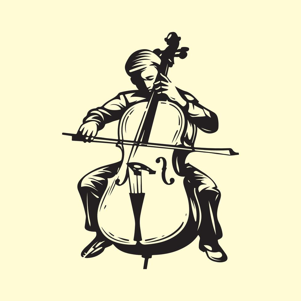 Cello Player Black White Stock logo image isolated on white background. vector