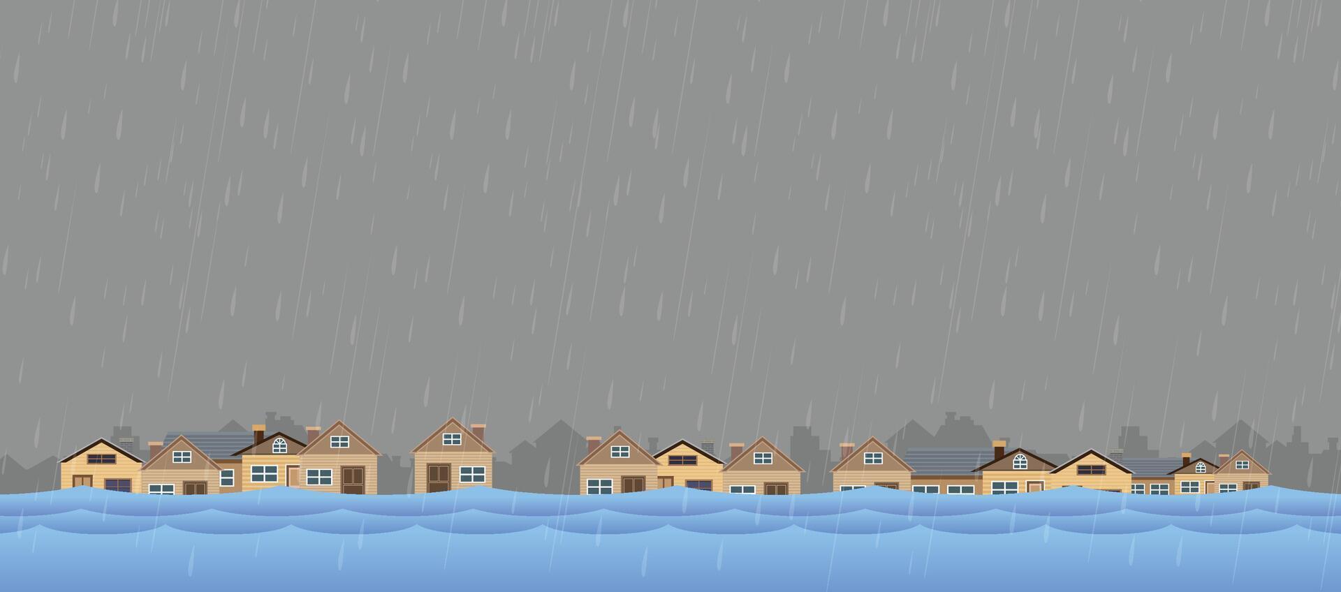 Flood natural disaster with house, heavy rain and storm , damage with home, clouds and rain, flooding water in city, Flooded house. vector