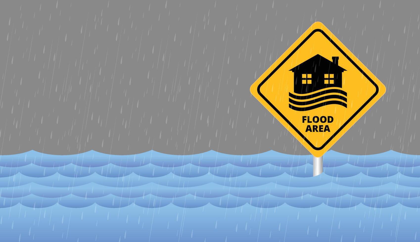 Flood area sign, natural disaster with house, heavy rain and storm, clouds and rain vector