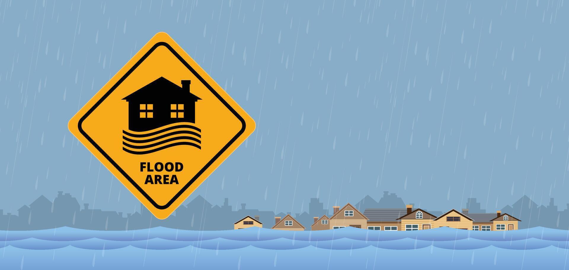 Flood area sign, natural disaster with house, heavy rain and storm vector