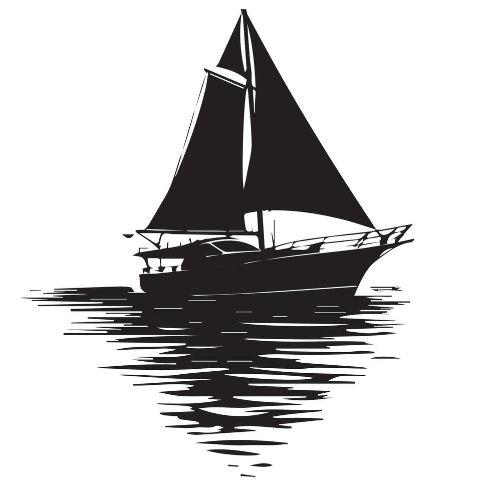 a black and white image of a boat with a sail on the bottom. vector