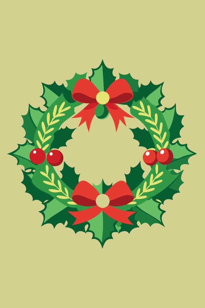 Classic Holiday Wreath with Red Ribbons and Berries. vector
