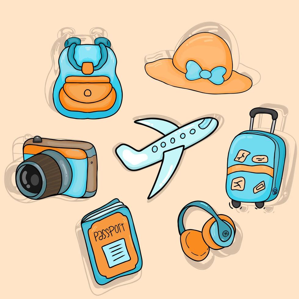 Cartoon Doodle Travel Set with Camera, Suitcase and Airplane vector