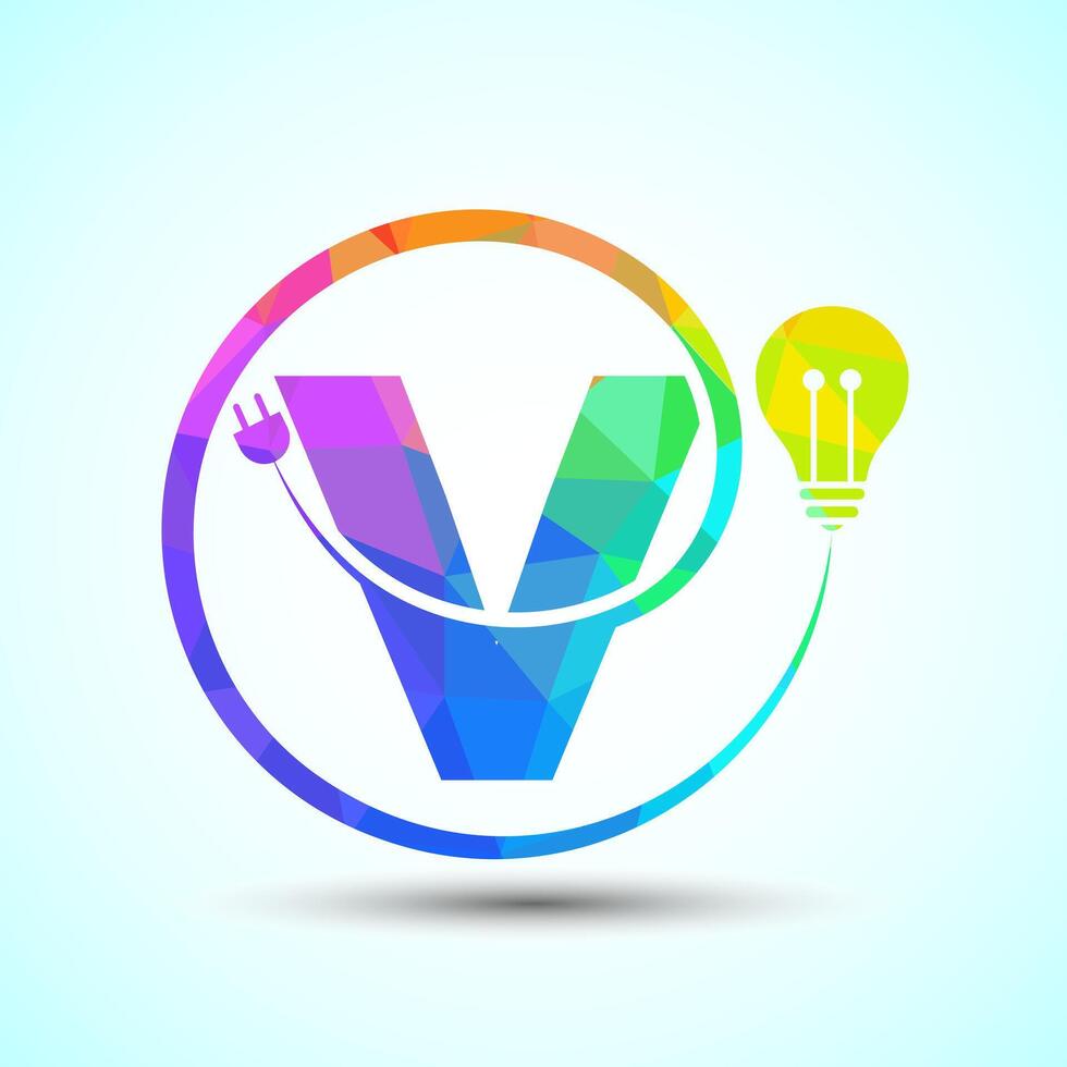 English alphabet V with electric bulb and plug. Low poly style electricity and technology logo vector