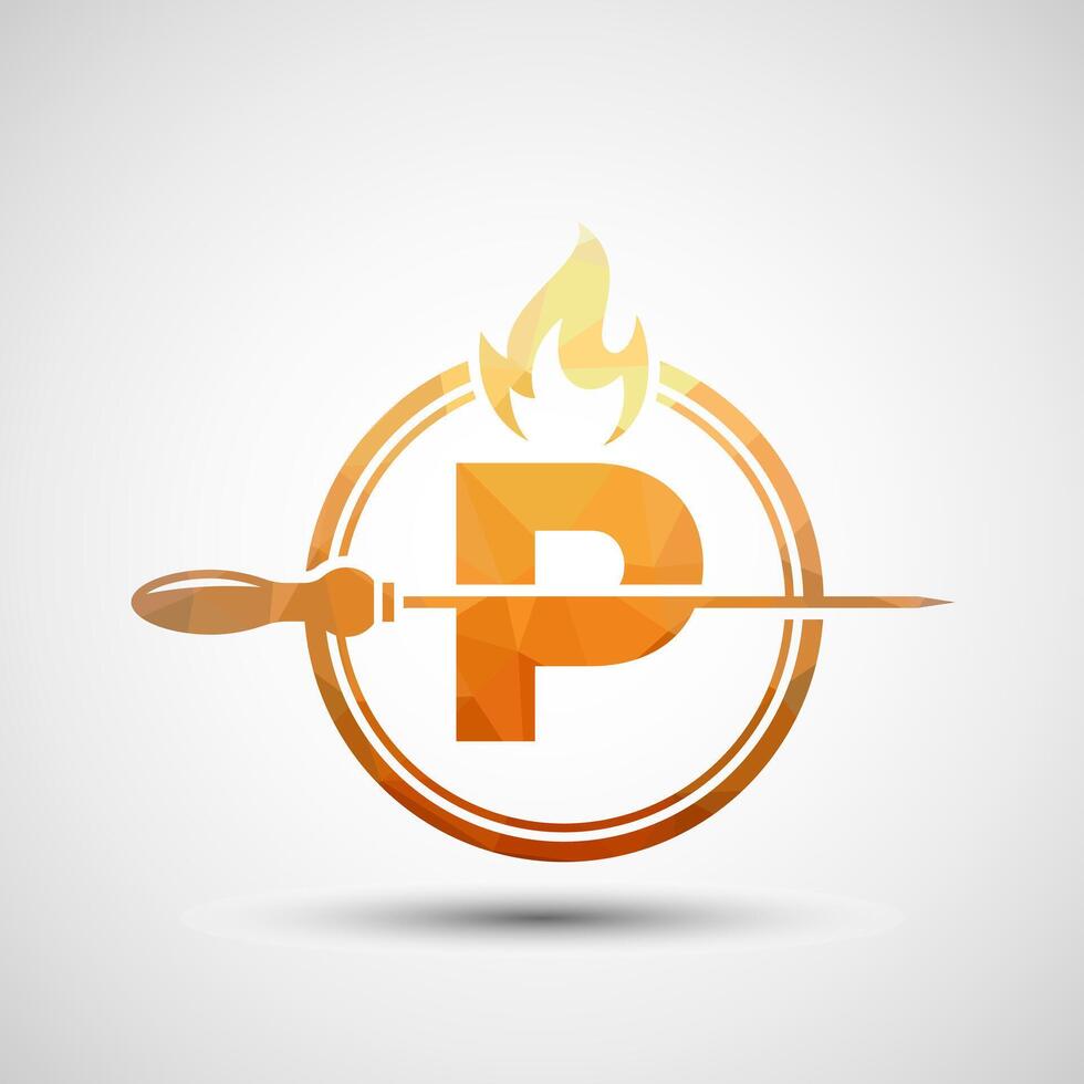 Initial alphabet P with a skewer and fire flame. Low poly Logo design for Barbecue, Seekh Kebab, etc. vector