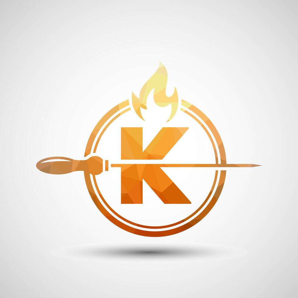 Initial alphabet K with a skewer and fire flame. Low poly Logo design for Barbecue, Seekh Kebab, etc. vector