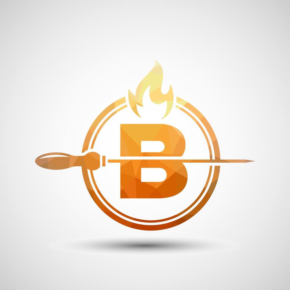 Initial alphabet B with a skewer and fire flame. Low poly Logo design for Barbecue, Seekh Kebab, etc. vector