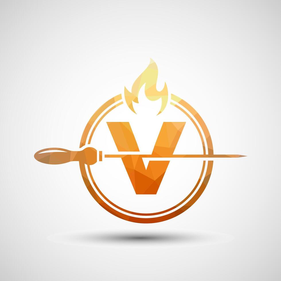 Initial alphabet V with a skewer and fire flame. Low poly Logo design for Barbecue, Seekh Kebab, etc. vector