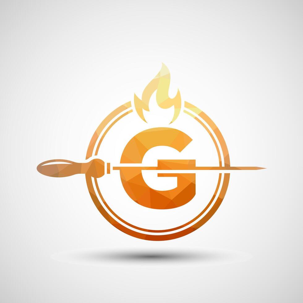 Initial alphabet G with a skewer and fire flame. Low poly Logo design for Barbecue, Seekh Kebab, etc. vector