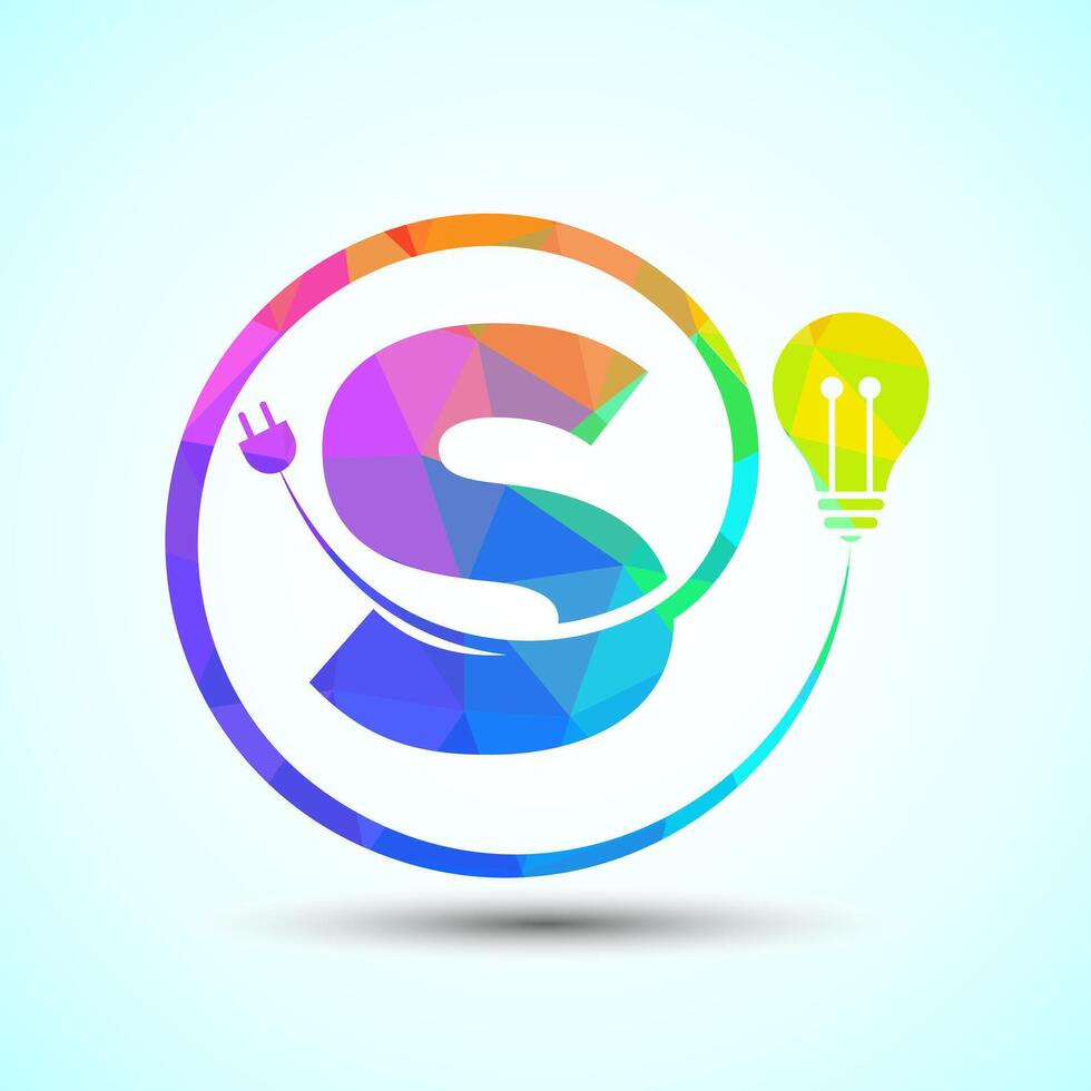 English alphabet S with electric bulb and plug. Low poly style electricity and technology logo vector
