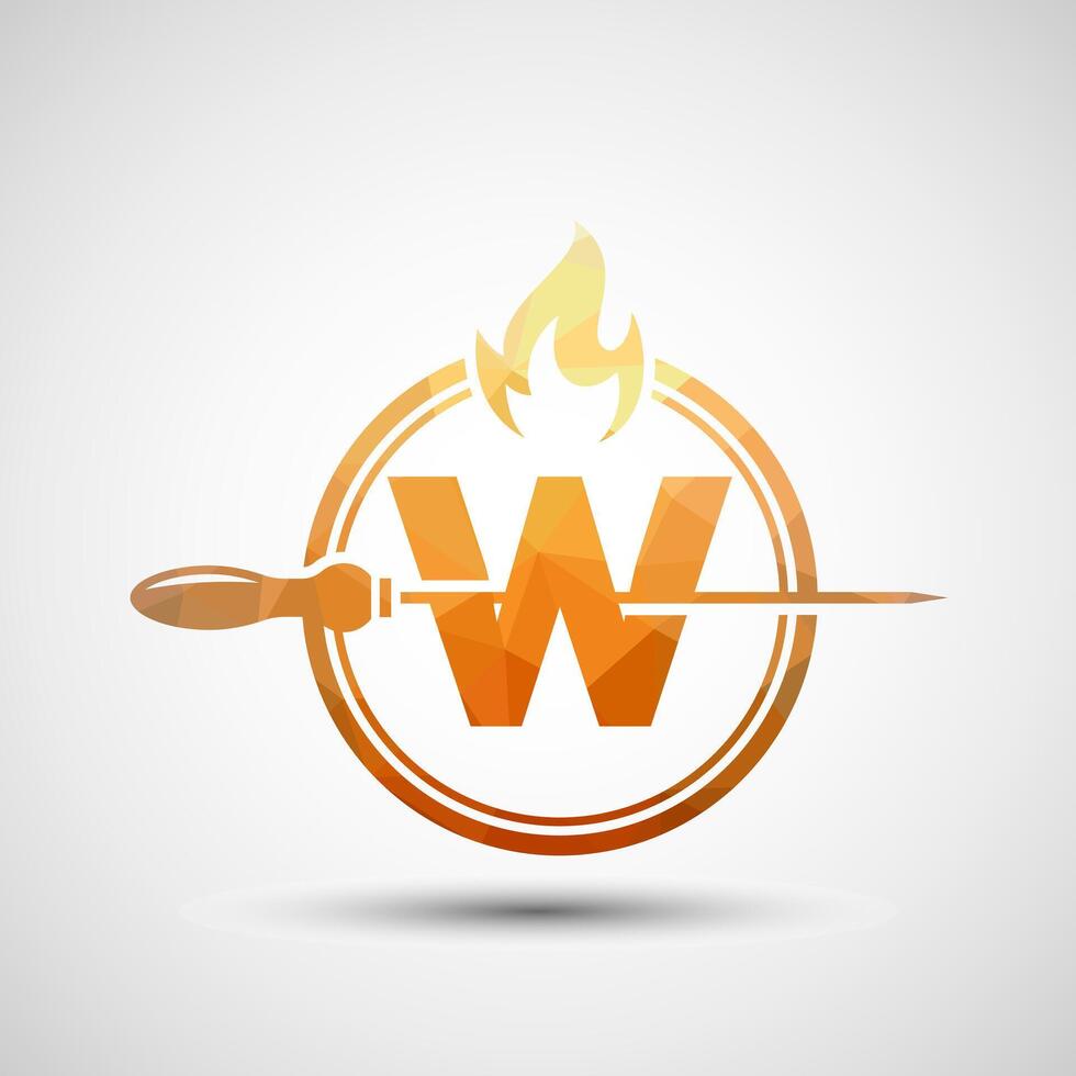 Initial alphabet W with a skewer and fire flame. Low poly Logo design for Barbecue, Seekh Kebab, etc. vector