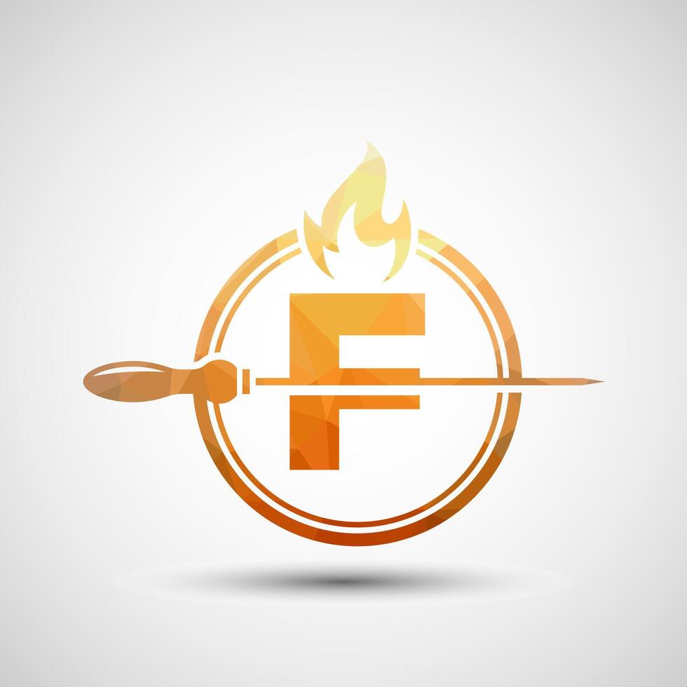 Initial alphabet F with a skewer and fire flame. Low poly Logo design for Barbecue, Seekh Kebab, etc. vector
