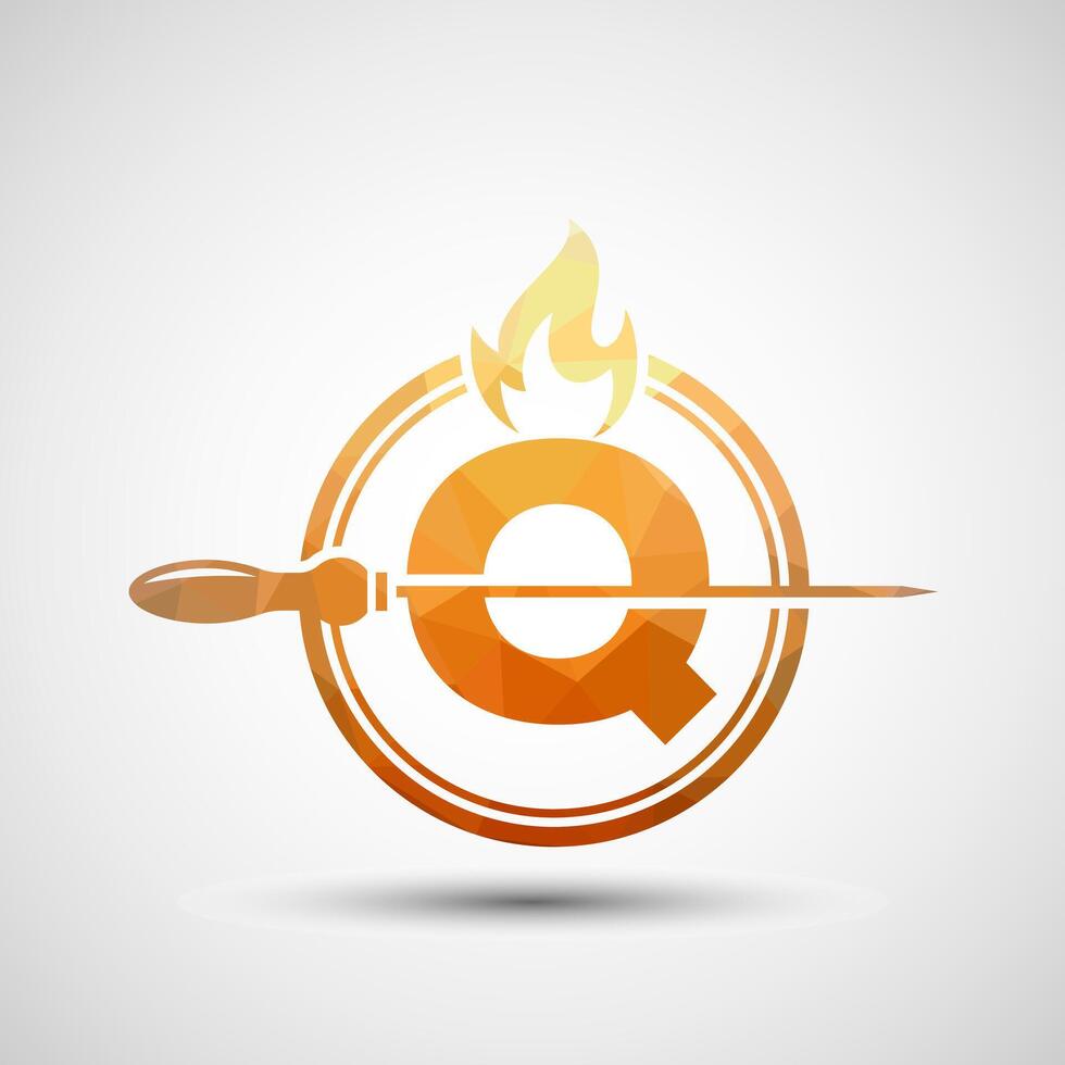Initial alphabet Q with a skewer and fire flame. Low poly Logo design for Barbecue, Seekh Kebab, etc. vector