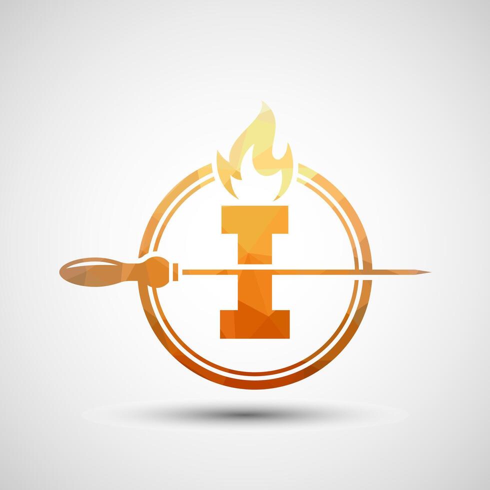 Initial alphabet I with a skewer and fire flame. Low poly Logo design for Barbecue, Seekh Kebab, etc. vector