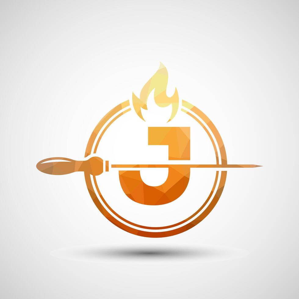 Initial alphabet J with a skewer and fire flame. Low poly Logo design for Barbecue, Seekh Kebab, etc. vector