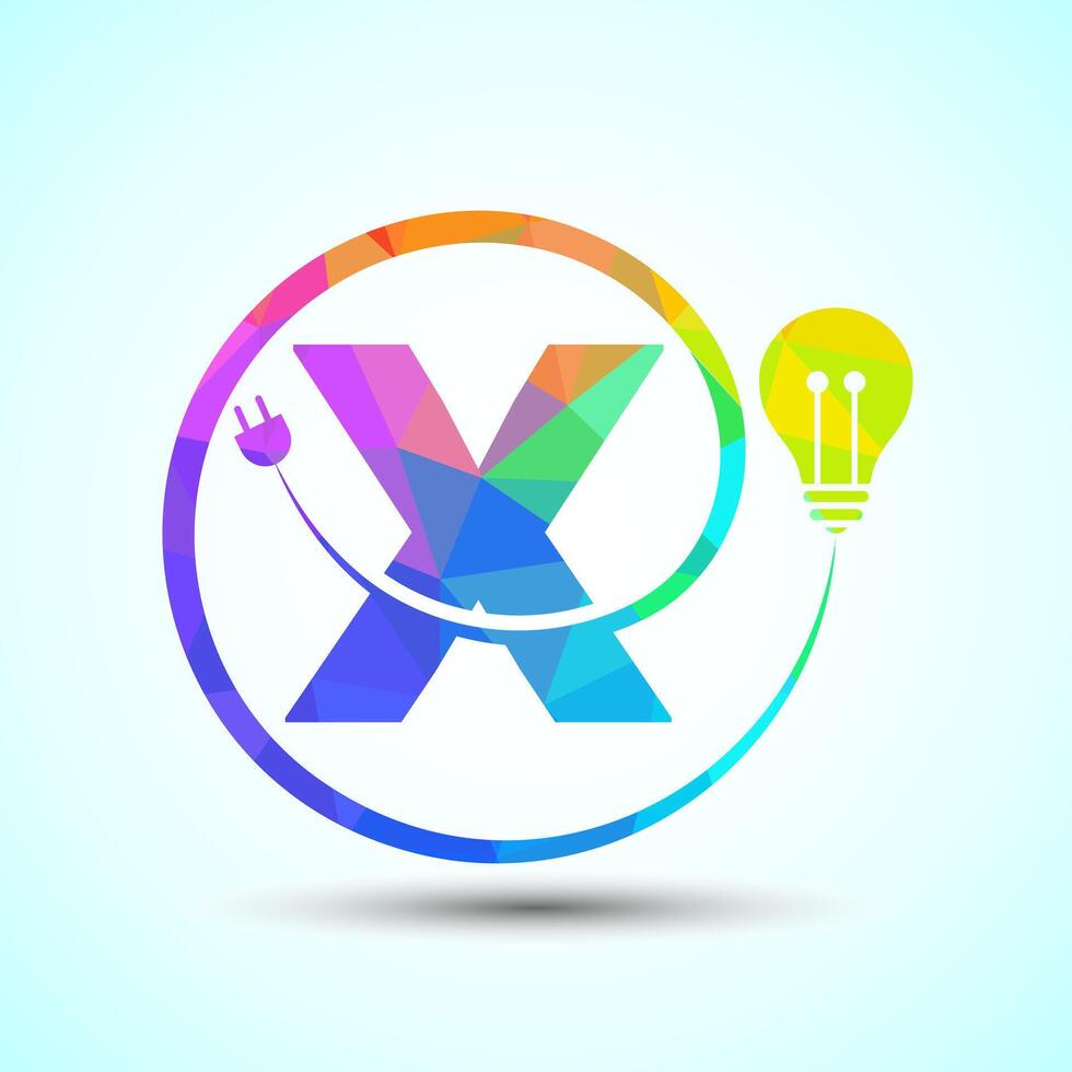 English alphabet X with electric bulb and plug. Low poly style electricity and technology logo vector