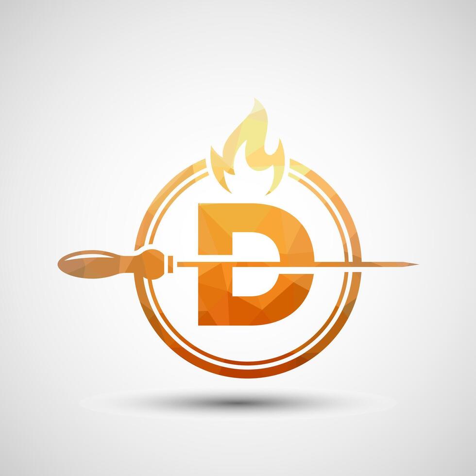 Initial alphabet D with a skewer and fire flame. Low poly Logo design for Barbecue, Seekh Kebab, etc. vector
