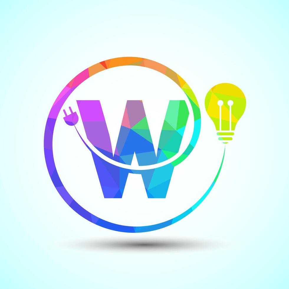 English alphabet W with electric bulb and plug. Low poly style electricity and technology logo vector