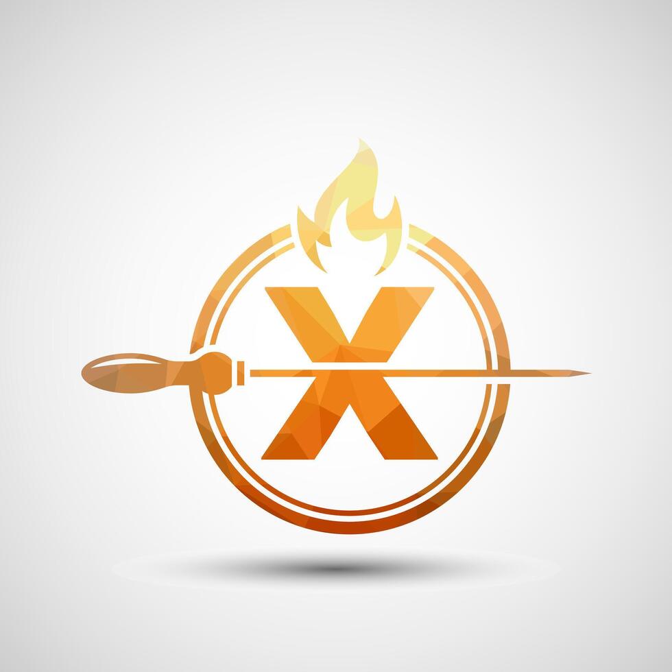 Initial alphabet X with a skewer and fire flame. Low poly Logo design for Barbecue, Seekh Kebab, etc. vector