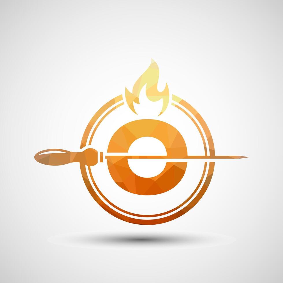 Initial alphabet O with a skewer and fire flame. Low poly Logo design for Barbecue, Seekh Kebab, etc. vector