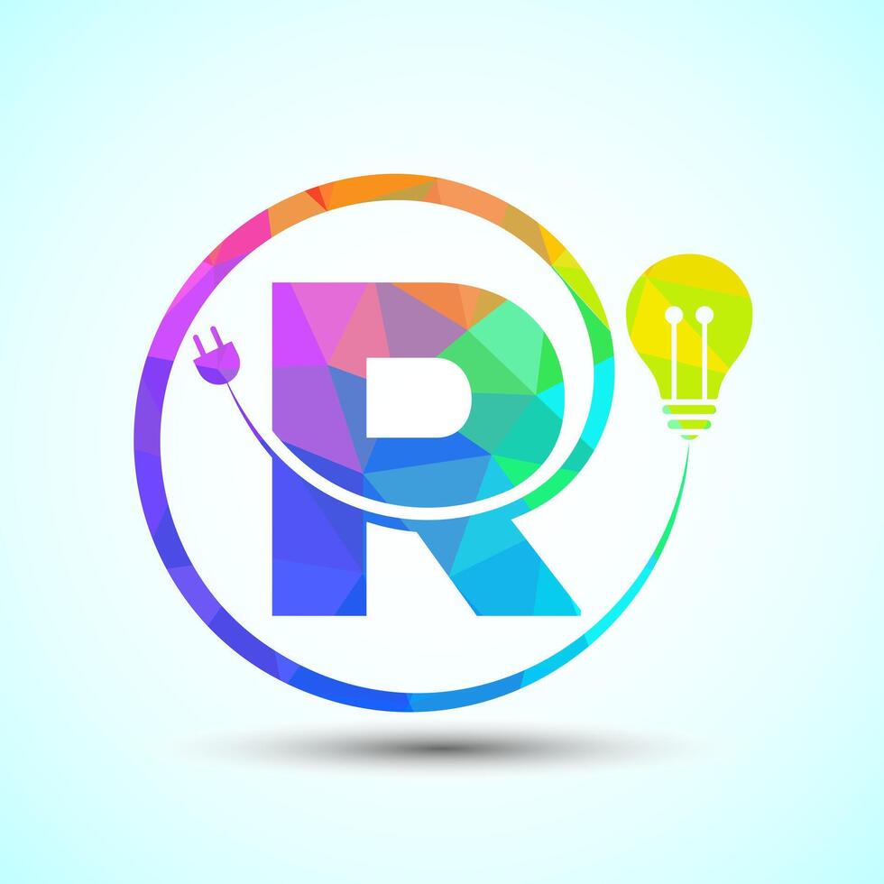English alphabet R with electric bulb and plug. Low poly style electricity and technology logo vector