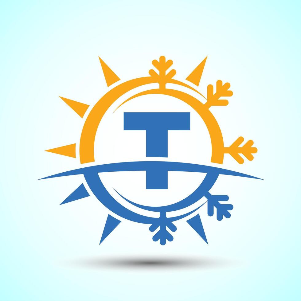 Initial alphabet T with abstract sun and snow. Air conditioner logo sign, Hot and cold symbol vector