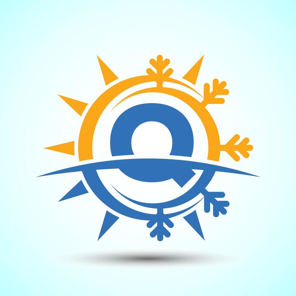 Initial alphabet Q with abstract sun and snow. Air conditioner logo sign, Hot and cold symbol vector