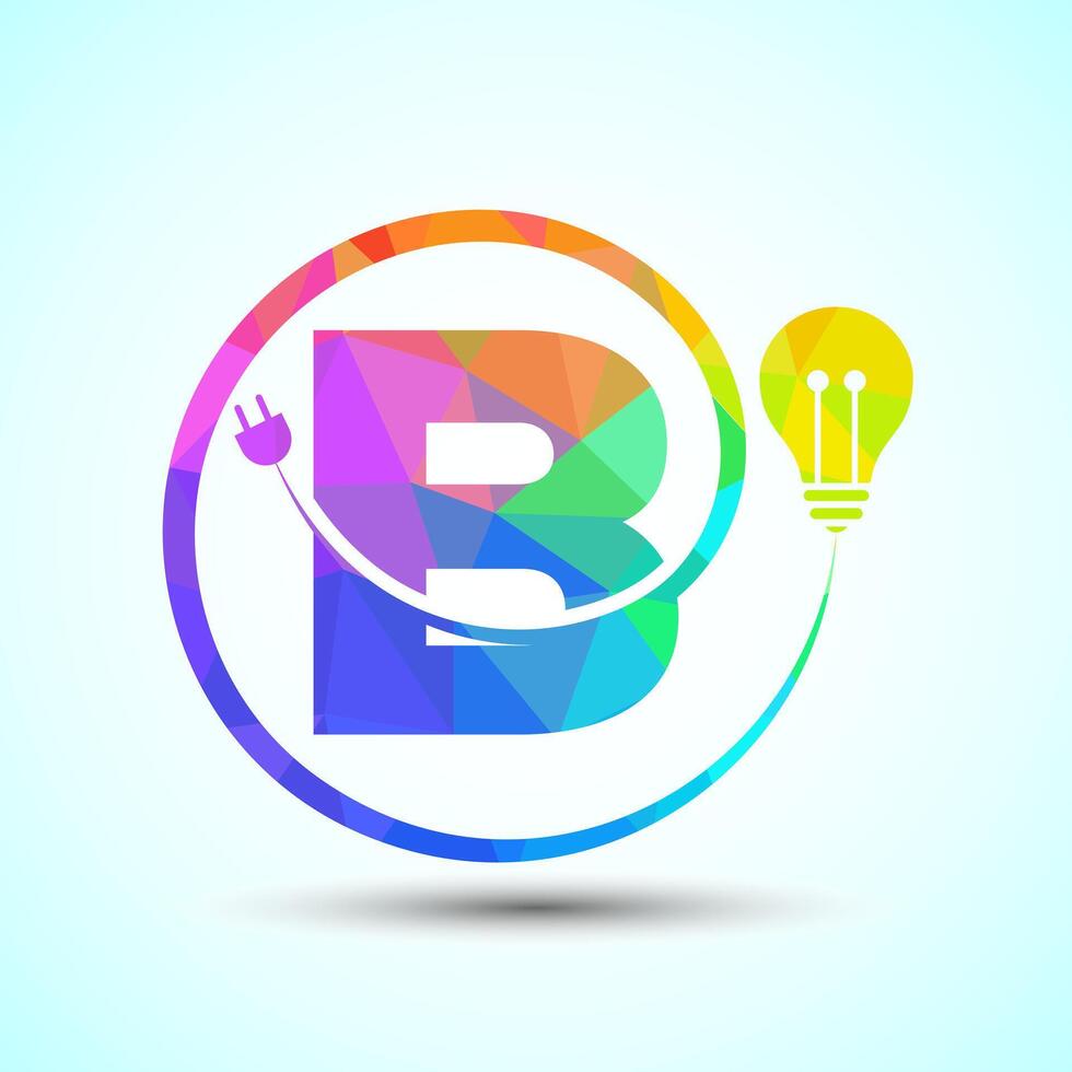 English alphabet B with electric bulb and plug. Low poly style electricity and technology logo vector