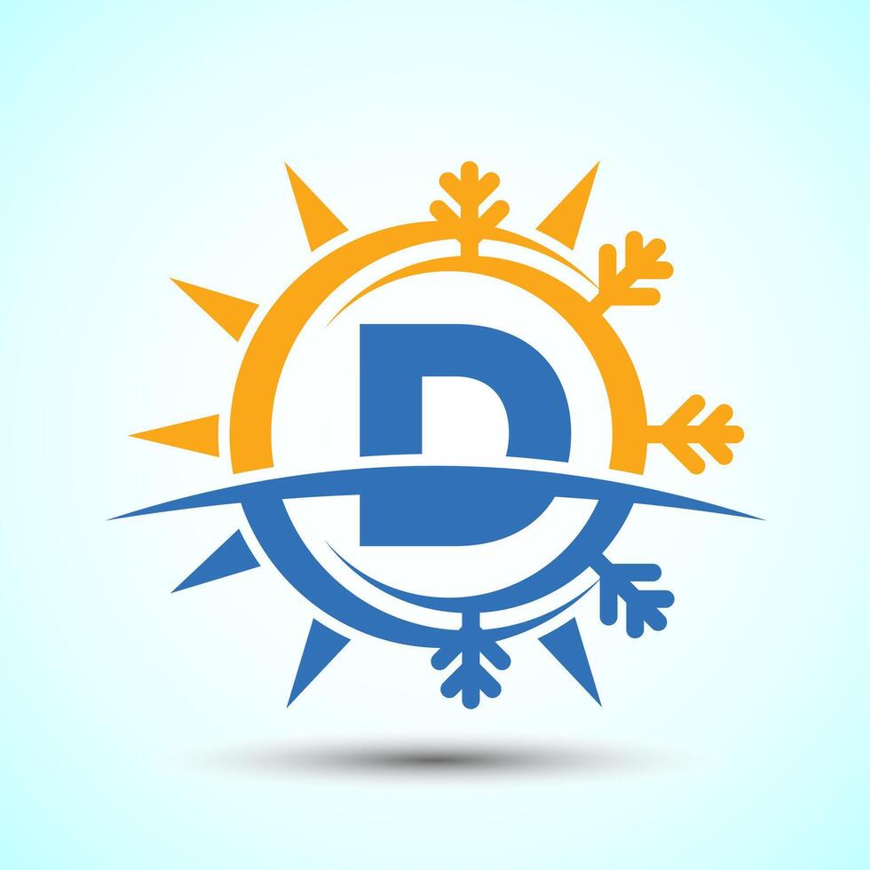 Initial alphabet D with abstract sun and snow. Air conditioner logo sign, Hot and cold symbol vector