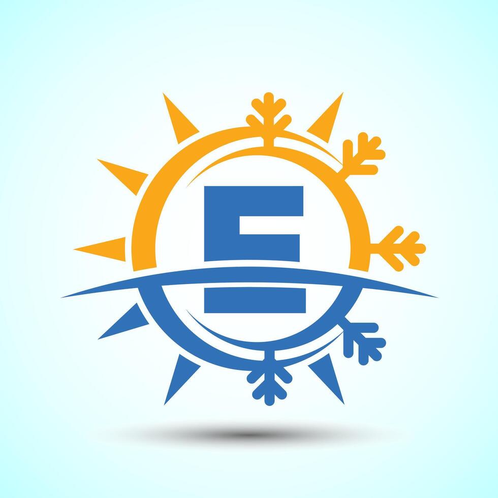 Initial alphabet E with abstract sun and snow. Air conditioner logo sign, Hot and cold symbol vector