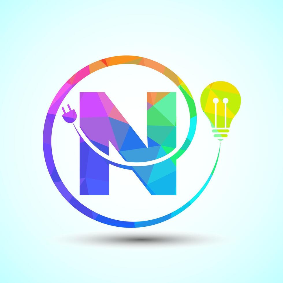 English alphabet N with electric bulb and plug. Low poly style electricity and technology logo vector