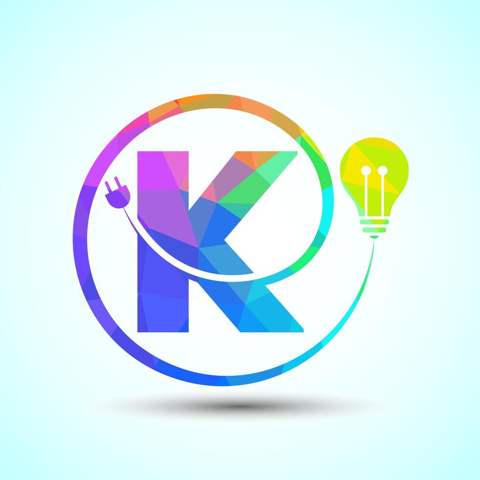 English alphabet K with electric bulb and plug. Low poly style electricity and technology logo vector