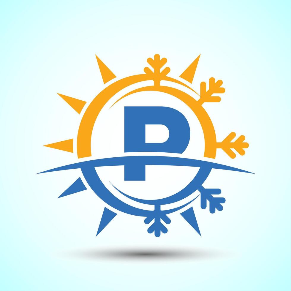 Initial alphabet P with abstract sun and snow. Air conditioner logo sign, Hot and cold symbol vector